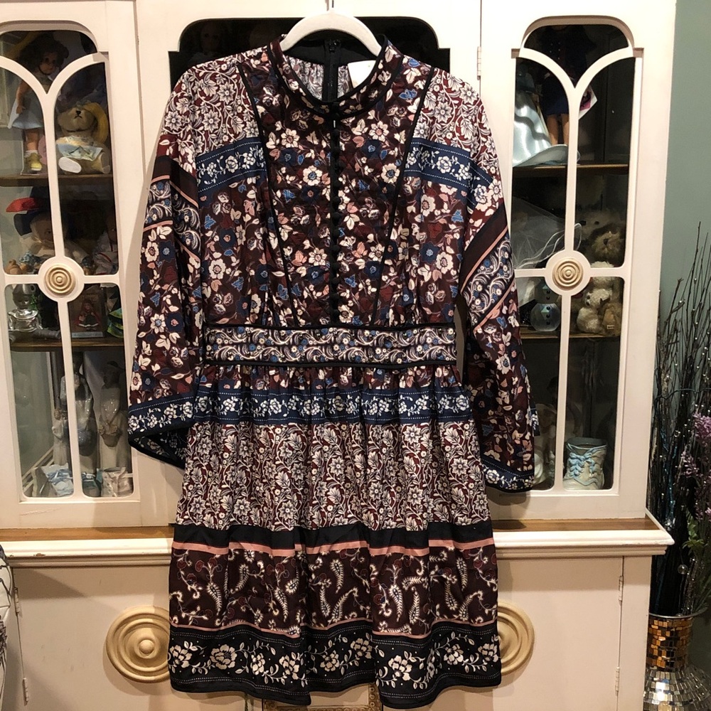 NWOT kate spade floral paisley print long sleeve dress in brown, navy, blush